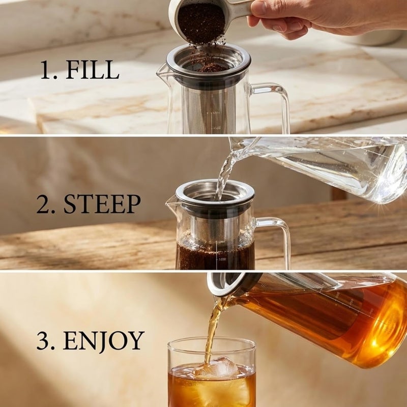 GWNF Cold Brew Coffee Maker & Ice Tea Maker, 1.4L/48oz Cold Brew Pither, Borosilicate Glass Carafe with Stainless Steel Filter, Airtight Lid, Dishwasher Safe, Easy to Use | Mannual & Brush Included - Image 4